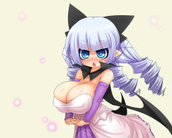 Rule 34 | 1girl, alexi (tits!), black wings, blue eyes, blue hair, blush, breasts, chestnut mouth, cleavage, demon girl, drill hair, huge breasts, large breasts, light particles, matching hair/eyes, original, pointy ears, purple hair, solo, demon girl, uni (alexi), uni (arekishi), wings