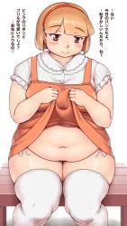 Rule 34 | 1girl, blunt bangs, blush, bob cut, breasts, buttons, collarbone, commentary request, dress, feet out of frame, hairband, head tilt, highres, jitome, lifting own clothes, medium breasts, medium hair, navel, orange dress, orange hair, original, orizen, panties, pinafore dress, plump, short sleeves, side-tie panties, simple background, sitting, sleeveless dress, smile, solo, split mouth, straight-on, straight hair, thick thighs, thighhighs, thighs, translation request, underwear, white background, white thighhighs