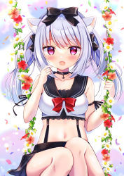 Rule 34 | 1girl, :d, animal ear fluff, animal ears, azur lane, bare shoulders, black bow, black choker, black sailor collar, black skirt, blush, bow, breasts, cat ears, choker, collarbone, commentary request, crop top, flower, hair bow, hands up, highres, long hair, looking at viewer, medium breasts, midriff, miwa uni, navel, open mouth, pleated skirt, red eyes, red flower, sailor collar, shirt, silver hair, skirt, sleeveless, sleeveless shirt, smile, solo, twintails, white flower, white shirt, yukikaze (azur lane)