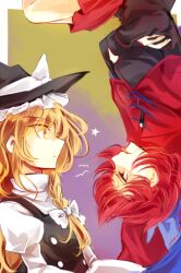 Rule 34 | 2girls, black headwear, black shirt, blonde hair, bow, braid, cloak, closed mouth, commentary request, crossed arms, from side, hair bow, hat, juliet sleeves, kirisame marisa, kutsuki kai, long hair, long sleeves, multiple girls, one-hour drawing challenge, puffy sleeves, red eyes, red hair, red skirt, sekibanki, shirt, short hair, side braid, single braid, skirt, touhou, two-tone background, white bow, witch hat, yellow eyes