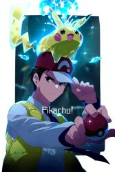 Rule 34 | 1boy, black hair, buttons, character name, closed mouth, collared shirt, commentary request, creatures (company), echo (circa), frown, game freak, gen 1 pokemon, hand on headwear, holding, holding poke ball, long sleeves, looking at viewer, male focus, necktie, nintendo, on head, open clothes, open vest, pikachu, poke ball, poke ball (basic), pokemon, pokemon (creature), pokemon on head, pokemon sm, pokemon sv, red (pokemon), school uniform, shirt, short hair, terastallization, upper body, uva academy school uniform, vest, white shirt, yellow vest