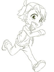 Rule 34 | 1boy, blush, child, clenched hand, eyebrows, eyelashes, frown, hand up, happy, highres, jacket, male focus, monochrome, open mouth, pants, ray (yakusoku no neverland), running, shirt, shoes, simple background, smile, sneakers, solo, solo focus, spiked hair, teeth, tjugemu, tongue, white background, yakusoku no neverland, aged down