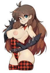 Rule 34 | 1girl, bad id, bad twitter id, belt, black belt, black gloves, blue eyes, breasts, brown hair, checkered clothes, checkered legwear, copyright request, gloves, hair between eyes, hand up, highres, large breasts, long hair, looking at viewer, nipples, parted lips, puffy nipples, simple background, slugbox, smile, solo, white background