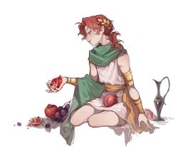 Rule 34 | 1boy, 1girl, alternate costume, ancient greek clothes, androgynous, arm at side, armlet, bangle, bare legs, bracelet, cape, curtained hair, da li si rizhi, doupu41, facing to the side, food, freckles, fruit, gold armlet, grapes, greco-roman clothes, green scarf, hand up, highres, holding, holding food, holding fruit, jewelry, laurel crown, light blush, light smile, looking down, male focus, medium hair, nose, parted bangs, parted lips, pomeg berry, pomegranate, sash, scarf, short ponytail, simple background, sitting, sleeveless, solo, thighhighs, three quarter view, vase, waist cape, white background, white thighhighs, yellow cape, yellow sash, yokozuwari, zhihua yi