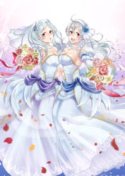 Rule 34 | 2girls, alternate costume, bare shoulders, blush, bouquet, breasts, cleavage, corrin (female) (fire emblem), corrin (fire emblem), dress, fire emblem, fire emblem awakening, fire emblem fates, fire emblem heroes, flower, holding hands, ichino tomizuki, long hair, looking at viewer, medium breasts, multiple girls, nintendo, official alternate costume, open mouth, red eyes, robin (female) (fire emblem), robin (fire emblem), robin (male) (fire emblem), silver hair, smile, wedding dress, yellow eyes