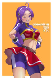 Rule 34 | 1girl, asamiya athena, bike shorts, bike shorts under skirt, breasts, gloves, grin, hands on own hips, highres, kkzk61539201, large breasts, legs, long hair, looking at viewer, midriff, navel, one eye closed, purple eyes, purple hair, skirt, smile, snk, the king of fighters, the king of fighters 2002, thighs, wink