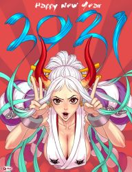 Rule 34 | 1girl, 2021, bare arms, bare shoulders, breasts, brown eyes, chinese zodiac, cleavage, collarbone, earrings, hair ornament, hair stick, happy new year, hoop earrings, horns, horns pose, japanese clothes, jewelry, long hair, looking at viewer, multicolored hair, nengajou, new year, one piece, oni, open mouth, q-bit, red background, rope, solo, yamato (one piece), year of the ox