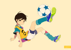 Rule 34 | 1boy, ball, bike shorts, bike shorts under shorts, black eyes, black hair, blue footwear, blue socks, blue shirt, blue shorts, brown background, child, closed mouth, commentary request, expressionless, kneehighs, looking at viewer, male focus, noeyebrow (mauve), original, shin guards, shirt, shoe dangle, shoe soles, shoes, short sleeves, shorts, signature, simple background, sleeveless, sleeveless shirt, sneakers, soccer, soccer ball, soccer uniform, socks, solo, sportswear, tan, tanline, white shorts, yellow shirt