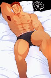 Rule 34 | 1boy, abs, absurdres, arm behind head, armpit hair, armpits, bara, beard, beard stubble, black male underwear, boku no hero academia, boxer briefs, bulge, chest hair, endeavor (boku no hero academia), facial hair, feet out of frame, hairy, highres, large pectorals, looking at viewer, lying, male focus, male underwear, mature male, muscular, muscular male, navel, navel hair, nipples, on back, on bed, pectorals, sanpaku, scar, scar across eye, short hair, sideburns, solo, spiked hair, stomach, stormcallart, strongman waist, stubble, thick eyebrows, thick thighs, thighs, topless male, underwear