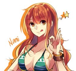 Rule 34 | 1girl, :q, bikini, bracelet, breasts, character name, cleavage, collarbone, earrings, green bikini, hair between eyes, jewelry, long hair, looking at viewer, medium breasts, nami (one piece), namiey, one piece, orange hair, sideboob, solo, star (symbol), striped, swimsuit, tattoo, tongue, tongue out, upper body, white background, yellow eyes
