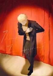 Rule 34 | 1boy, arm behind back, atou haruki, black footwear, black jacket, black pants, blonde hair, bowing, brown sweater, chinese commentary, closed eyes, closed mouth, commentary request, curtains, english text, hand on own chest, highres, jacket, light particles, long sleeves, male focus, open clothes, open jacket, pants, ribbed sweater, saibou shinkyoku, short hair, smile, solo, stage, stage curtains, sweater, turtleneck, turtleneck sweater, zhiyanpianyu55126