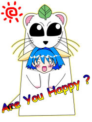 Rule 34 | 00s, 1girl, animal ears, blue hair, blush, english text, ferret, galaxy angel, green eyes, leaf, leaf on head, looking at viewer, mint blancmanche, o o, open mouth, short hair, simple background, smile, solo, sun, tagme, text focus, white background, yellow eyes