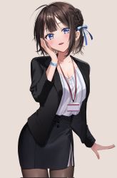 Rule 34 | 1girl, black hair, black skirt, blue bow, blue eyes, blue ribbon, blunt bangs, blush, bow, braid, breasts, brown background, brown hair, brown pantyhose, buttoned cuffs, buttons, chigusa minori, cleavage, collarbone, corrupted twitter file, cowboy shot, formal, grey shirt, hair bow, hair ribbon, head tilt, highres, id card, jacket, long sleeves, looking at viewer, office lady, open clothes, open jacket, open mouth, original, pantyhose, pencil skirt, ribbon, shirt, short hair, sidelocks, simple background, skirt, skirt suit, smile, solo, standing, suit, two-tone shirt, watch, white shirt