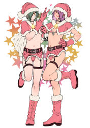 2boys 2n5 absurdres boots bulge christmas crossdressing gloves green_hair hat highres male_focus multiple_boys original purple_eyes purple_hair tongue tongue_out trap v yellow_eyes