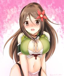 Rule 34 | 10s, 1girl, amagi (kancolle), bare shoulders, blush, breasts, brown eyes, brown hair, cleavage cutout, clothing cutout, eko, hair between eyes, hair ornament, kantai collection, large breasts, leaf, leaf hair ornament, looking at viewer, maple leaf, midriff, mole, mole under eye, navel, open mouth, ponytail, solo