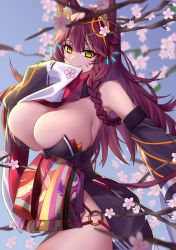 Rule 34 | 1girl, animal ear fluff, animal ears, blurry, blurry background, blurry foreground, braid, breasts, bright pupils, bursting breasts, cherry blossoms, cleavage, cowboy shot, depth of field, detached collar, detached sleeves, eyeliner, facial mark, fox ears, hand to own mouth, highres, huge breasts, impossible clothes, japanese clothes, kikumon, kimono, long hair, makeup, no panties, o-ring, o-ring bottom, obi, original, red hair, sash, short kimono, side braid, side slit, skindentation, smile, solo, whisker markings, wide sleeves, xiujia yihuizi, yellow eyes