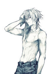 Rule 34 | 1boy, arm up, crow armbrust, earrings, eiyuu densetsu, highres, holding, holding towel, jewelry, looking at viewer, male focus, pants, parted lips, red eyes, red theme, sen no kiseki, sen no kiseki iv, short hair, soap (user kghh4755), solo, spot color, sweat, topless male, towel, upper body, white background, wiping sweat