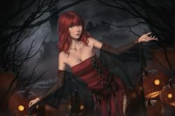 Rule 34 | 1girl, bad id, bad pixiv id, bare shoulders, bare tree, blurry, blurry background, breasts, building, cleavage, closed mouth, collarbone, commentary request, depth of field, dutch angle, fog, green eyes, hair between eyes, halloween, highres, holding, jack-o&#039;-lantern, looking at viewer, miura-n315, nier, nier (series), pants, popola, red hair, red lips, red pants, red shirt, see-through, shirt, small breasts, solo, strapless, tree, tube top
