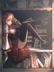 Rule 34 | 1girl, absurdres, arm behind head, ascot, book, book stack, bookshelf, bow, bowtie, breasts, brown eyes, brown footwear, brown hair, commentary, corset, english commentary, frilled sleeves, frilled thighhighs, frills, from side, full body, hair ribbon, high heels, highres, light particles, long hair, long sleeves, looking at viewer, nomen, original, parted lips, red ascot, red bow, red bowtie, red ribbon, red skirt, ribbon, shirt, sitting, skirt, solo, thighhighs, white shirt, wide sleeves
