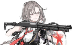 Rule 34 | 1girl, black gloves, brown eyes, commentary request, fingerless gloves, girls&#039; frontline, gloves, grey hair, gun, hair between eyes, highres, holding, holding gun, holding weapon, jacket, long hair, looking to the side, necktie, open mouth, rampart1028, red necktie, red star, shield, shield module, shirt, shotgun, simple background, single glove, smile, solo, star (symbol), teeth, type 97 shotgun (girls&#039; frontline), upper body, weapon, white background, white shirt