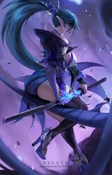 Rule 34 | 1girl, artist name, ass, black thighhighs, blue hair, breasts, detached sleeves, elbow gloves, from side, gloves, hair ribbon, high heels, highres, holding, holding sword, holding weapon, japanese clothes, katana, kimono, large breasts, league of legends, long hair, mask, multicolored ribbon, official alternate costume, official alternate hairstyle, paid reward available, parted lips, patreon username, pointy ears, ponytail, rached, ribbon, sheath, sideboob, single detached sleeve, single elbow glove, solo, spirit blossom (league of legends), spirit blossom vayne, sword, thighhighs, thighs, unsheathing, vayne (league of legends), weapon, white kimono