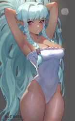 Rule 34 | 1girl, aqua hair, armpits, arms behind head, artist name, bare shoulders, blush, braid, breasts, cleavage, collarbone, covered navel, dark-skinned female, dark elf, dark skin, elf, grey background, hair intakes, hair tie, hair tie in mouth, highleg, highleg leotard, highres, large breasts, leotard, long hair, looking at viewer, mixed-language commentary, mouth hold, pointy ears, purple eyes, puyoakira, rosalinde (unicorn overlord), simple background, solo, strapless, strapless leotard, sweat, thighs, twin braids, tying hair, unicorn overlord, white leotard