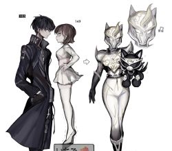 Rule 34 | 1boy, 1girl, animification, avataro sentai donbrothers, black bodysuit, black coat, black eyes, black hair, bodysuit, coat, commentary request, dog, dual persona, from side, grey shirt, hand in pocket, hands in pockets, hands on own hips, height difference, highres, horns, inubrother, inuzuka tsubasa, long coat, multiple views, on food, print shirt, realzigaga, shiba inu, shirt, single horn, sononi (donbrothers), standing, standing on box, sunglasses, super sentai, thighhighs, white background, white footwear, white thighhighs