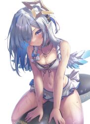 Rule 34 | 1girl, absent, absurdres, amane kanata, angel wings, bikini, bikini skirt, blush, breasts, choker, cleavage, frilled skirt, frills, grey hair, halo, highres, hololive, jewelry, long hair, looking at viewer, midriff, navel, necklace, one side up, pout, purple eyes, simple background, skirt, small breasts, solo, star halo, swimsuit, virtual youtuber, wet, white background, wings