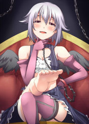 Rule 34 | 10s, 1girl, :d, bare shoulders, barefoot, black panties, blush, breasts, brown eyes, chain, cleavage, cleavage cutout, clothing cutout, collar, crossed legs, cuffs, dress, elbow gloves, feet, foot focus, foreshortening, garter straps, gloves, grey hair, hand on own hip, hand on own chin, head rest, head tilt, heart, heart cutout, idolmaster, idolmaster cinderella girls, koshimizu sachiko, looking at viewer, naughty face, open mouth, outstretched leg, panties, pantyshot, short hair, single thighhigh, sitting, skirt, smile, soles, solo, thighhighs, toe-point, toes, tog (shoten), underwear, upskirt, wings