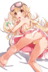 Rule 34 | 1girl, absurdres, all fours, anus, ass, ata (tsumari), bakemonogatari, bandaid, bandaid on pussy, bare legs, bare shoulders, barefoot, blonde hair, breasts, brown eyes, commentary, dress, eating, fang, feet, food, food on face, foreshortening, from behind, goggles, goggles on head, highres, kneepits, long hair, looking at viewer, looking back, monogatari (series), no panties, open mouth, oshino shinobu, pink dress, pussy, simple background, skin fang, small breasts, soles, solo, very long hair, white background