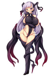 Rule 34 | 1girl, absurdres, bare shoulders, biosuit, blush, breasts, curvy, demon girl, demon wings, earrings, heart, heart-shaped pupils, highres, horns, huge breasts, jewelry, long hair, looking at viewer, low wings, original, pink eyes, purple hair, simple background, smile, solo, sweat, symbol-shaped pupils, tattoo, thighs, torisan, white background, wide hips, wings