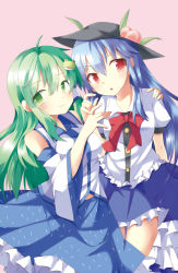 Rule 34 | 2girls, :o, blue hair, detached sleeves, dress, food, frog hair ornament, fruit, green eyes, green hair, hair ornament, hair tubes, hand on another&#039;s shoulder, hat, hinanawi tenshi, hiyokodou, kochiya sanae, layered dress, leaf, long hair, looking at viewer, multiple girls, peach, pink background, puffy short sleeves, puffy sleeves, red eyes, short sleeves, sidelocks, simple background, smile, snake hair ornament, touhou