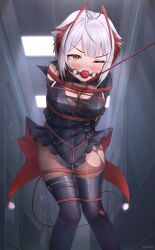 Rule 34 | 1girl, arknights, arms behind back, ball gag, bdsm, black leotard, black pantyhose, blush, bondage, bound, bound arms, bound legs, bound wrists, breasts, brown eyes, crotch rope, demon horns, gag, gagged, highres, horns, kochiyo-desu, large breasts, leotard, multicolored hair, one eye closed, pantyhose, restrained, shibari, short hair, solo, tail, w (arknights), white hair