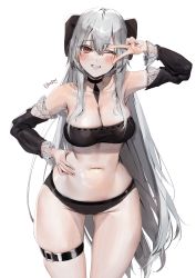Rule 34 | 1girl, absurdres, arm up, armpits, bandeau, bare shoulders, black choker, black panties, bow, breasts, choker, cleavage, collarbone, commission, cowboy shot, detached sleeves, grey hair, grin, hair bow, hand on own hip, highres, large breasts, long hair, long sleeves, looking at viewer, navel, one eye closed, original, panties, poharo, red eyes, second-party source, skindentation, smile, solo, standing, stomach, strapless, taut clothes, thigh strap, thighs, tube top, underwear, v, very long hair