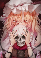 Rule 34 | 1girl, absurdres, bandaged arm, bandages, bandaid, bandaid on face, blonde hair, blood, blood on clothes, blood on face, bloody bandages, breasts, calpis118, commentary request, corset, covering own mouth, dark background, flandre scarlet, hair between eyes, hands up, hat, highres, holding, holding skull, long hair, looking at viewer, mob cap, nail polish, one side up, red background, red eyes, red nails, red vest, short sleeves, simple background, skull, small breasts, solo, touhou, upper body, vest, white hat