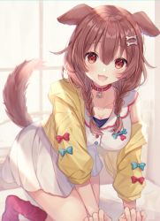 Rule 34 | 1girl, :3, :d, all fours, animal ears, blue bow, blush, bone hair ornament, bow, braid, breasts, brown eyes, brown hair, choker, collarbone, commentary request, day, dog ears, dog girl, dog tail, hair between eyes, hair ornament, highres, hololive, indoors, inugami korone, inugami korone (1st costume), jacket, large breasts, long hair, long sleeves, looking at viewer, on bed, open clothes, open jacket, open mouth, red bow, red choker, red socks, shirt, skirt, smile, socks, solo, sorashima (117), tail, twin braids, virtual youtuber, white shirt, white skirt, window, yellow jacket
