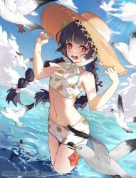 Rule 34 | 1girl, doodle sensei (blue archive), azema, bare arms, bare shoulders, bikini, bird, black hair, blue archive, blue sky, braid, breasts, cloud, day, embarrassed, fang, hands up, hat, highres, leaf print, long hair, looking at viewer, miyu (blue archive), miyu (swimsuit) (blue archive), navel, official alternate costume, open mouth, outdoors, raised eyebrows, red eyes, seagull, sensei (blue archive), sky, small breasts, solo, starfish, stomach, straw hat, swimsuit, thighs, twin braids, wading, water, white bikini, white bird