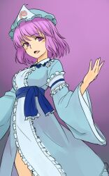 Rule 34 | 1girl, blue kimono, breasts, commentary, frilled kimono, frills, hat, highres, japanese clothes, kakone, kimono, looking at viewer, mob cap, one-hour drawing challenge, open mouth, purple background, purple eyes, purple hair, saigyouji yuyuko, sash, simple background, solo, touhou, triangular headpiece, wide sleeves