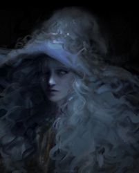 Rule 34 | 1girl, blue eyes, blue hair, blue skin, cloak, colored skin, cracked skin, dress, elden ring, eldrtchmoon, hat, highres, long hair, looking at viewer, one eye closed, ranni the witch, simple background, solo, white dress, white hat, witch, witch hat