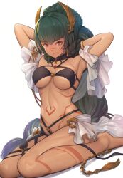 Rule 34 | 1girl, arms behind head, arms up, barefoot, bikini, black bikini, body markings, breasts, closed mouth, dark-skinned female, dark skin, facial mark, gradient hair, granblue fantasy, green hair, hair ornament, horus (granblue fantasy), large breasts, long hair, looking at viewer, multicolored hair, red eyes, simple background, sitting, solo, swimsuit, tassel, tomamatto, very long hair, white background