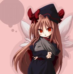 Rule 34 | 1girl, female focus, hat, kedama (touhou), lily black, lily white, long hair, non-web source, ribbon, solo, standing, touhou, wings