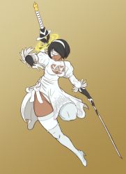 Rule 34 | 1girl, alternate color, black hair, black leotard, blindfold, breasts, cleavage, cleavage cutout, clothing cutout, covered navel, dark skin, dark-skinned female, feather-trimmed sleeves, female focus, gloves, groin, hairband, highleg, highleg leotard, highres, holding, holding sword, holding weapon, katana, leotard, long sleeves, mole, nier (series), nier:automata, puffy sleeves, simple background, solo, soul calibur, soulcalibur, soulcalibur vi, sword, thighhighs, weapon, white blindfold, 2b (nier:automata)