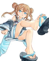 Rule 34 | 1girl, barefoot, blue eyes, blush, brown hair, chaosexceed, detached sleeves, dot nose, double bun, feet, foot focus, full body, geta, hair between eyes, hair bun, highres, japanese clothes, kimono, open mouth, original, panties, sandals, shoe dangle, sitting, soles, toes, underwear, white background