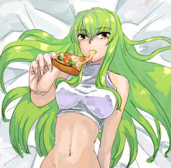 Rule 34 | 1girl, bottomless, breasts, c.c., code geass, eating, artistic error, food, green hair, long hair, lying, pizza, pizza slice, solo, tank top, wtuw, yellow eyes, yellow theme