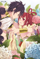 Rule 34 | 1boy, 1girl, bad id, bad pixiv id, black hair, braid, chinese clothes, crying, eye contact, flower, hair ornament, hair rings, hetero, hug, hydrangea, jewelry, judal, leaf, long hair, looking at another, lots of jewelry, magi the labyrinth of magic, mia0309, neck ring, open mouth, profile, red eyes, red hair, ren kougyoku, single braid, smile, tears, very long hair