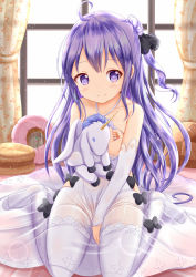Rule 34 | 1girl, ahoge, azur lane, bare shoulders, blush, detached sleeves, highres, long hair, looking at viewer, purple eyes, purple hair, see-through, smile, solo, stuffed unicorn, thighhighs, unicorn (azur lane), white thighhighs, xenon (for achieve)