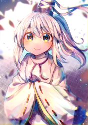 Rule 34 | 1girl, :3, blue eyes, blurry, blurry foreground, closed mouth, hat, highres, itsumizu, japanese clothes, kariginu, long hair, long sleeves, looking at viewer, mononobe no futo, petals, pom pom (clothes), ponytail, ribbon-trimmed sleeves, ribbon trim, silver hair, smile, solo, tate eboshi, touhou, wide sleeves