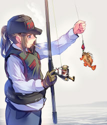 Rule 34 | 1girl, blue eyes, brown hair, cigarette, commentary request, daito, earrings, fish, fishing, fishing line, fishing rod, gloves, hat, highres, holding, holding fishing rod, jewelry, long sleeves, mole, mole under eye, original, ponytail, smoke, smoking, solo, vest