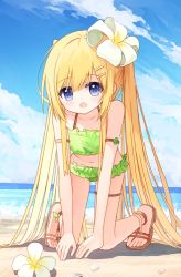 Rule 34 | 1girl, :o, all fours, bare shoulders, beach, bikini, blonde hair, blue eyes, blue sky, brown footwear, cloud, collarbone, commentary request, day, flower, flower girl (yuuhagi (amaretto-no-natsu)), frilled bikini, frills, green bikini, hair between eyes, hair flower, hair ornament, hairclip, horizon, long hair, navel, ocean, open mouth, original, outdoors, sand, sandals, sky, solo, swimsuit, twintails, very long hair, water, white flower, yuuhagi (amaretto-no-natsu)
