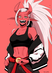 Rule 34 | 1girl, :d, absurdres, arm tattoo, bare shoulders, black shirt, collarbone, colored skin, cowboy shot, crop top, gegegekman, grey pants, hair pulled back, hand on belt, hand on own hip, highres, jacket, jacket partially removed, long hair, long sleeves, looking at viewer, midriff, navel, oni, open mouth, original, pants, pink background, pointy ears, ponytail, red sash, red skin, ringed eyes, sash, sharp teeth, shirt, sidelocks, signature, smile, solo, stomach, tattoo, teeth, white hair, yellow eyes
